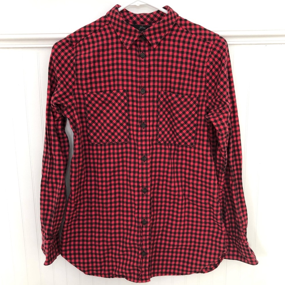 J. Crew red and black gingham plaid button down shirt size 2
